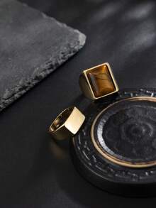 2件套时尚街头朋克嘻哈风格几何金属戒指，男士日常休闲佩戴 - 金黃色 - 查看 4