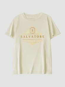 復古 SALVATORE金色徽章圖案印花女式寬鬆T卹，夏季上衣，K-Pop戰士系列，純棉上衣，女裝服飾，女式夏裝，針織服飾，派對裝束，大碼女裝，大碼女式圓領寬鬆上衣，閨蜜裝，度假服飾，休閒運動裝，優雅上衣，女士運動裝,頂部女裝，促銷女裝，男女同款，青少年裝、基礎款T卹，夏季女裝，柔軟舒適，Y2K風格,春季、夏季、情人節、狂歡節、派對、海灘、婚禮、健身房、優雅、度假、休閒， - 黃色 - 查看 4