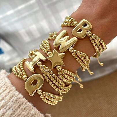 1pc Fashionable Elegant Delicate Luxury Copper 26 Letter Multilayer Braided Bracelet, Suitable For Daily Dates, Valentine's Day, Mother's Day Parties, Holidays, Summer Beach Vacations, Adjustable Size