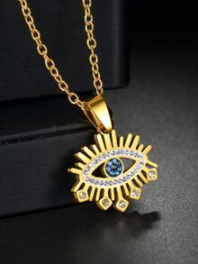 1件装奢华蓝色水晶恶魔眼不锈钢项链（女士款） - 金色 - 查看 5