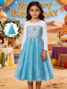 Đầm dài tay lưới đính hạt cho bé gái, kiểu dáng thường ngày mới, phù hợp cho các buổi đi chơi, tụ họp bạn bè, tiệc sinh nhật và các sự kiện quan trọng khác. - Màu xanh nhạt - Xem 2