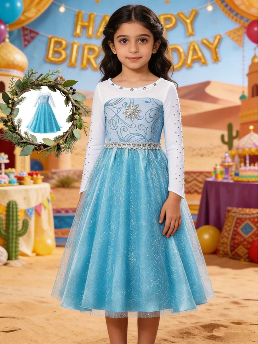 女童网纱串珠长袖连衣裙，新款休闲连衣裙，适合外出、朋友聚会、生日派对及其他重要场合。 - 淺藍色 - 查看 1