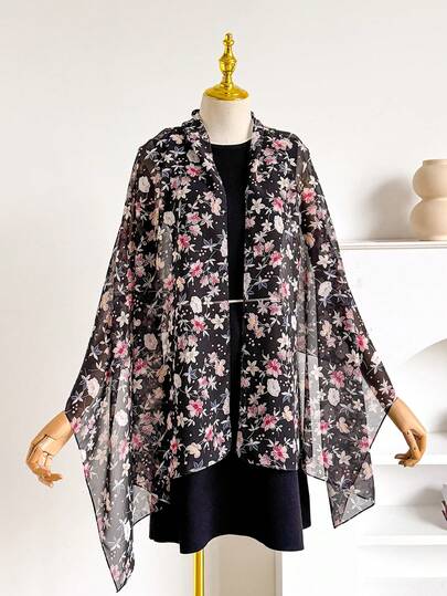 1 pieza Elegante pañuelo de satén con estampado floral, pañuelo para la cabeza de mujer, chal versátil de moda para ambientes con aire acondicionado, chal de primavera/otoño para exteriores, adecuado para combinaciones diarias y uso al aire libre