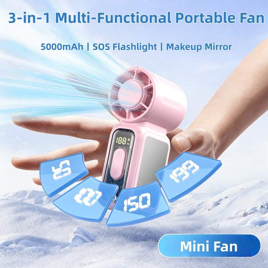 W&O 2026 New Portable Fan,Desktop Fan, Handheld Fan, Neck Fan,Mini Fan, With Makeup Mirror,5000mAh 13H Long Lasting, 199 Speed Adjustable, LED Flashlight & SOS Light, Type-C Rechargeable, Ultra Quiet Mini Fan For Camping, Outdoor, Work, Truck, Gift
