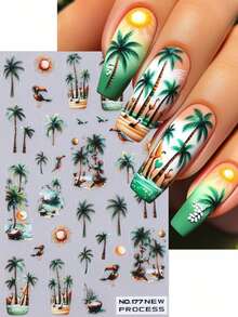 2pcs/Set Summer Island Palm Tree, Starfish, Seagull Nail Stickers, DIY Nail Art Decor Sliders, Nail Art Accessories & Tools, Beautiful Gift For Girls - 彩色 - 查看 2