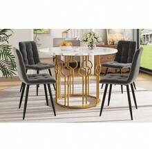 Dining Set (5 Pieces), Including A Table And Four Chairs, A Round Table 100 Cm In Diameter With Gold Metal Legs And White MDF Top, And Dark Grey Velvet Dining Chairs. - Grey - View 4
