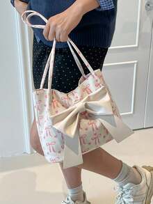Solid Color PU Leather Bow Decor Lightweight Fashionable Women's Large Capacity Shoulder Bag, Elegant Lady Handbag - White - View 4