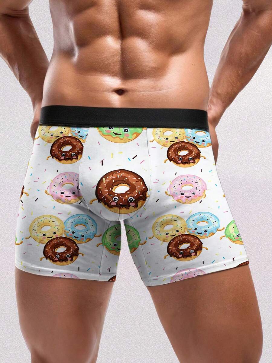 1条男士甜甜圈印花平角内裤，涤纶材质，可爱卡通图案，休闲家居服，适合日常穿着和作为零食主题礼物 - 白色 - 查看 1