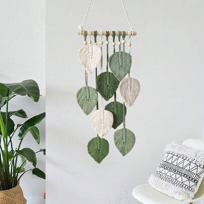 1 pieza/Set Tapiz de pared estilo bohemio, tejido a mano con diseño de hojas, decoración con borlas de cuerda de algodón, adecuado para estancia, sala de estar, dormitorio, showroom, cafetería, crea un ambiente relajante de vacaciones