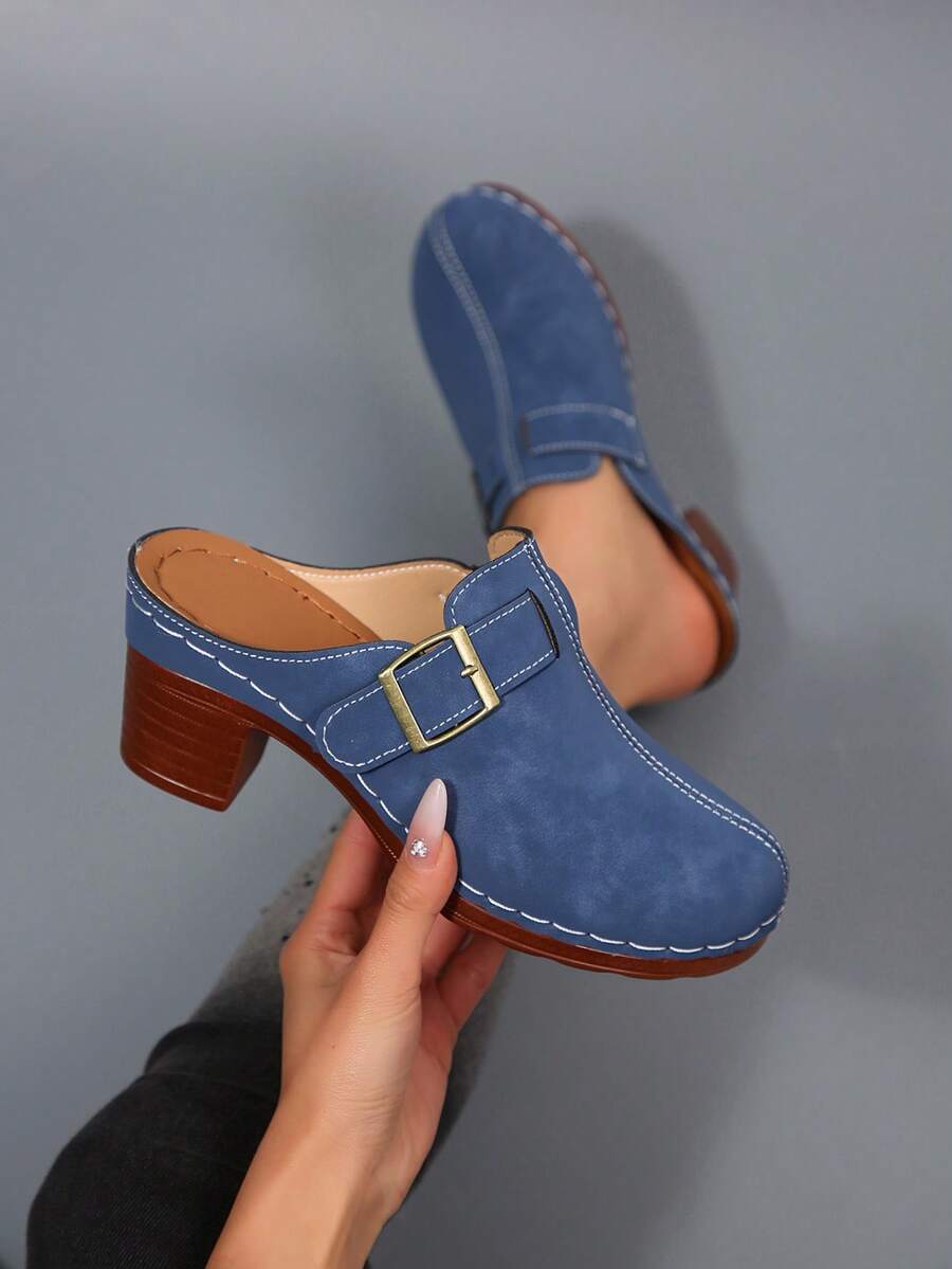 优雅女士新款高跟拖鞋，时尚百搭的无后跟搭扣设计，适合日常休闲穿着及各种场合。 - 海軍藍 - 查看 1