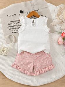 Conjunto de top de tirantes y shorts casuales de verano para niñas - Rosa - Ver 2
