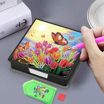 1pc DIY Diamond Art Tulip & Butterfly Pattern, Asymmetrical Crystal Embedded Painting On Black Faux Leather Self-Adhesive Memo Pad Box With 160 Sheets, Ideal For Home, Office, School Supplies, Craft, Cute Stationery, Holiday Gift