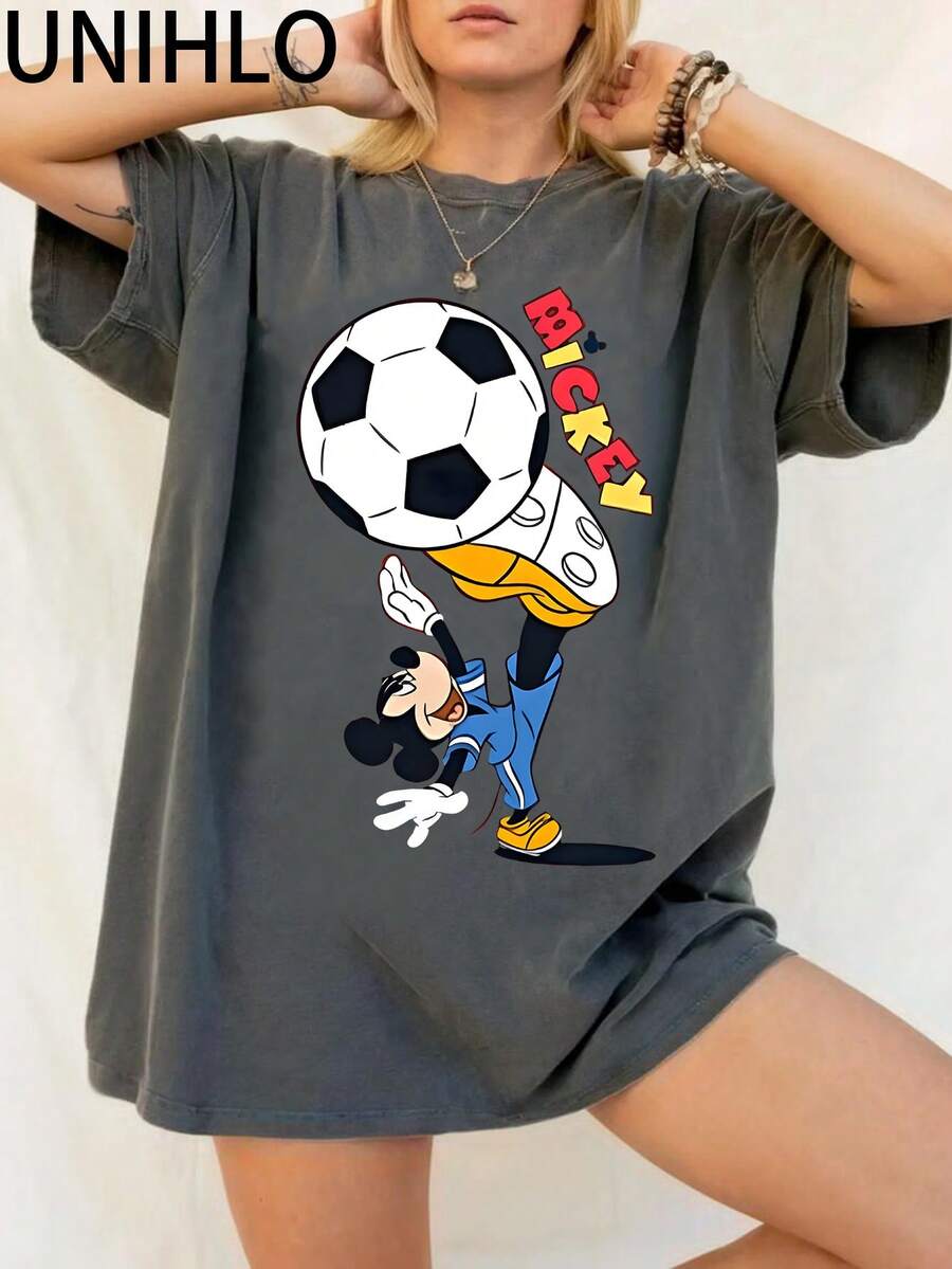 Disney UNIHLO  Mickey  Printed Summer Heavyweight Retro Washed Street Fashion Casual T-Shirt - Black - View 1