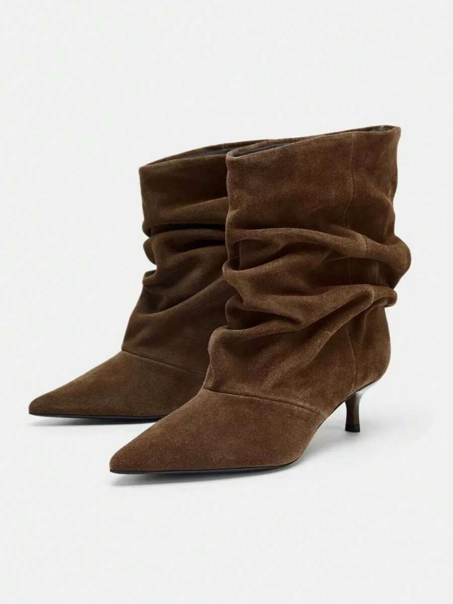 2025新款小猫跟褶皱过膝长靴，尖头复古高筒骑马靴 - 棕色 - 查看 1