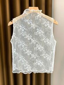 蕾丝可拆卸领口，女士多功能高端短款荷叶边高领网眼吊带背心休闲白色夏季款 - 白色 - 查看 3