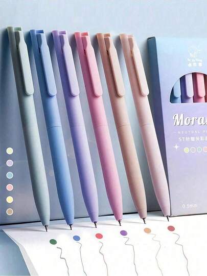 6pcs/Box Colorful Neutral Pens, Morandi Color Scheme, High-Quality Quick-Drying Retractable Pens, Suitable For Classroom Notes, Mistake Correction, Journaling, Drawing, And Letter Writing; Ideal For School And Office Use, Back To School Season