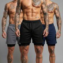 Kit Of 3 Short 2-In-1 Dry Fit Lined Men's Gym Shorts For Running And Training With Elastane - Black/Lead/Navy Blue - View 1
