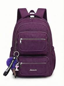 Casual Nylon Backpack With Large Capacity And Cute Charm For School - Purple - View 1