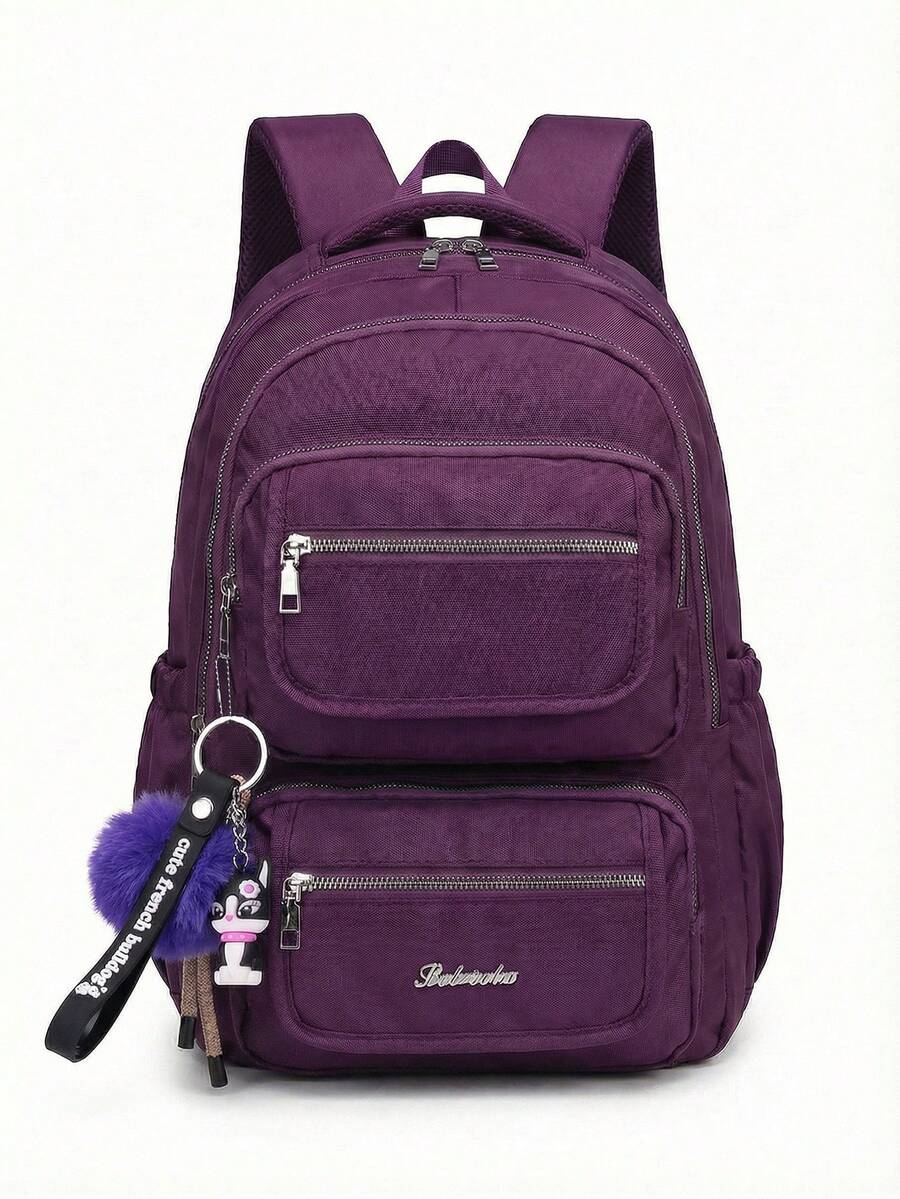 Casual Nylon Backpack With Large Capacity And Cute Charm For School - Purple - View 1