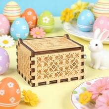 Retro Carved Wood Music Box With Easter Bunny & Basket Of Eggs – Playful Tabletop Ornament For Holiday - Easter Egg Basket Music Box - View 5