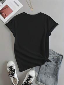 Camiseta De Manga Corta Para Mujer Con Estampado De Huevos De Pascua Y Pollitos - Blusa Casual De Cuello Redondo Para Primavera Verano Para Atuendo Casual, Top De Manga Corta Lavable A Máquina - En Stock (ajuste Regular) 670252 - [Negro] - Ver 2