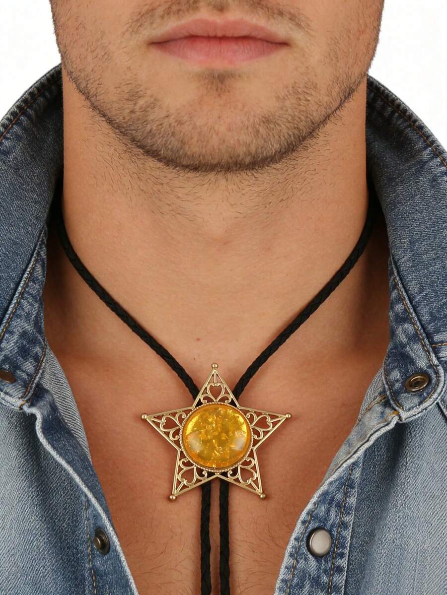 1件时尚百搭镂空五角星吊坠长项链，简约个性化黑黄树脂颈链，男女皆宜情侣礼物，日常配饰 - PU繩 - 查看 1