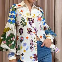 2026 European And American Women's Shirt,  Loose-Fitting Graffiti Print, Turn-Down Collar, Lantern Long Sleeves, Spring Cardigan Shirt For Women - 白色 - 查看 5