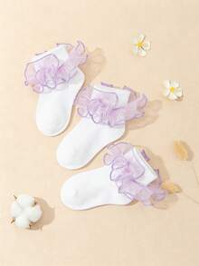 3 Pairs Girls' Sweet Cute Solid Ruffled Trim White Ankle Socks - Mauve Purple - View 7
