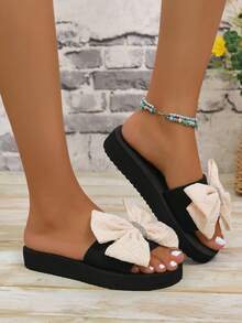 Bow Tie Flip Flops For Women, Summer Fashion Flat Slippers, Non-Slip Thick Sole Beach Sandals, Wedge Heel Vacation Casual Slides - Beige - View 6
