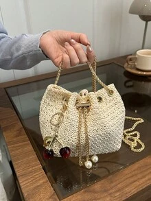 迷你新款时尚草编金链抽绳水桶包，沙滩包 - 米色 - 查看 5