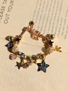 1条星光少女音乐节时尚手链，1条豹纹星星吊坠手链，Y2K摇滚明星DIY手链，时尚朋克迪斯科球手链 - 銀色 - 查看 6