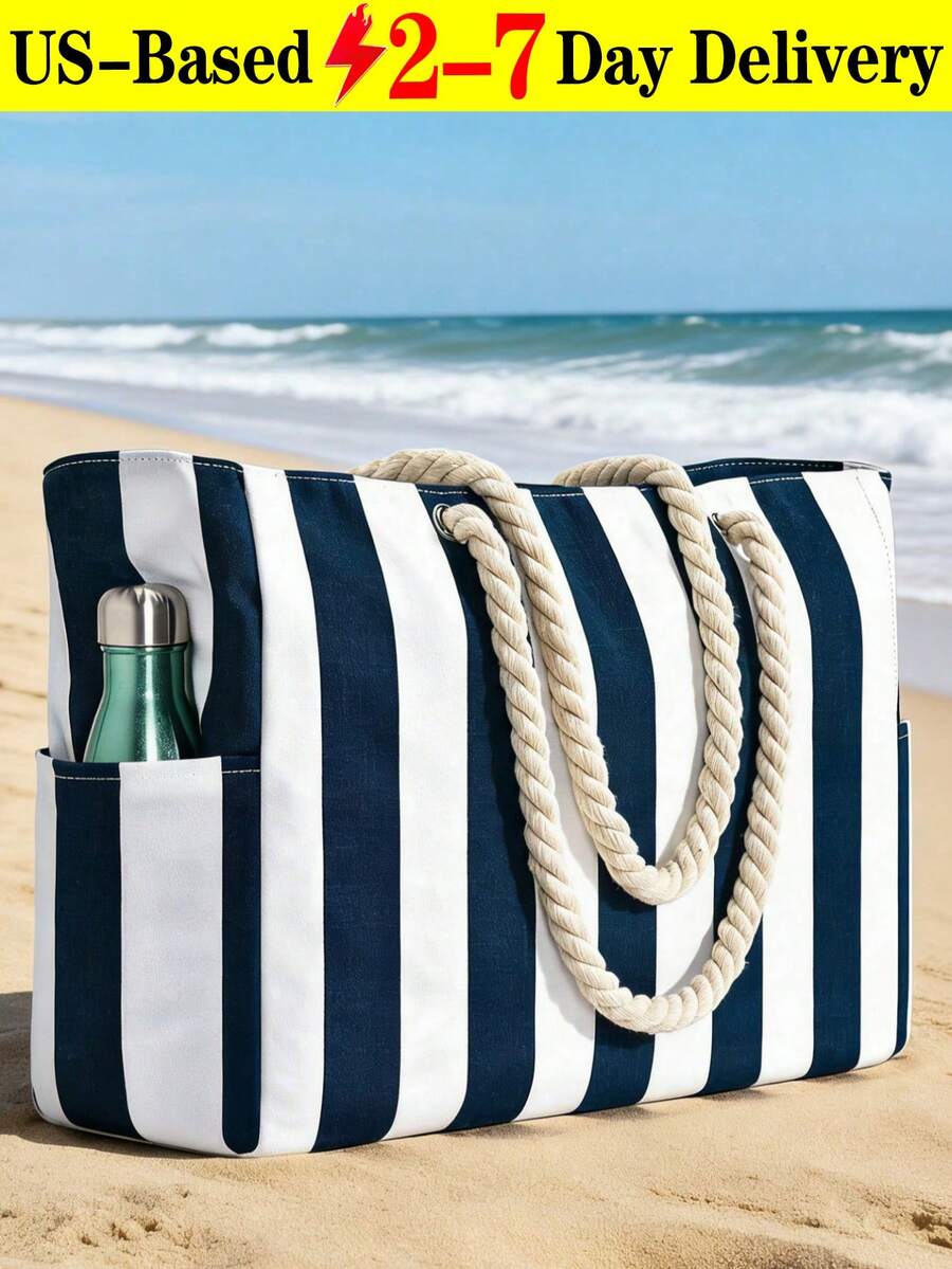 Beach Bags For Women, Large Waterproof Beach Tote Bag With Zipper, Plus Size Women's Waterproof Beach Tote Bag, Women Canvas Shoulder Bag, Waterproof Sandproof Swim Pool Bag, Large Tote (Pattern Random),  Portable, Foldable, Business Casual Simple Stripe Design Tote Bag For Teenagers, Women, College Students, Middle & High School Students, Outdoor, Travel, Picnic, Work, Business, Commuting, Vacation, Shopping And Holiday[US Local Warehouse]The Best Gift Choice, Birthday Gift - Nhiều màu - Xem 1
