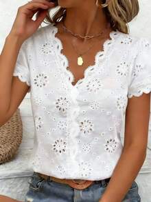 Women's Romantic Hollow V-Neck Short Sleeve Top, Casual Chic Versatile Elegant Blouse White Summer - White - View 4