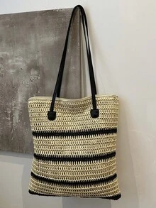 Bolsa de praia para férias, bolsa de palha trançada, bolsa de palha trançada de grande capacidade, bolsa de ombro em cores contrastantes - Multicolorido - Ver 9