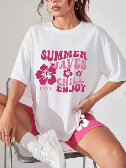 This Casual Crew Neck T-Shirt And Shorts Set Is Perfect For Lounging At Home Or Exercising. A Spring/Summer Essential. Features A Casual Floral Slogan Print.