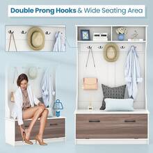 COSTWAY 63 Inches Hall Tree With Coat Rack And Storage Bench, Multifunctional Coat Rack With Entryway Bench, 5 Double Hooks, Freestanding Home Organizer For Entryway, Bedroom, White - White - View 7