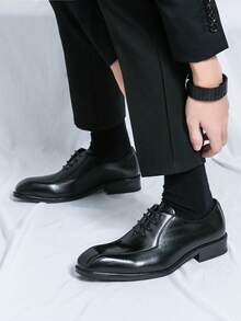 男士系带尖头正装鞋、男士黑色休闲鞋、复古拼接街头风男士婚鞋、办公鞋 - 黑色 - 查看 3