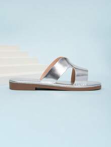 Girls' Casual Minimalist Flat Slide Sandals, Vacation Style - Silver - View 6