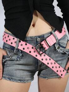 1pc Women's Belt With Double Buckle, Rivet & Star Decor, New American Retro Y2K Style Punk Belt, Suitable For Jeans, Casual Wear, Black & White - Multicolor - View 15