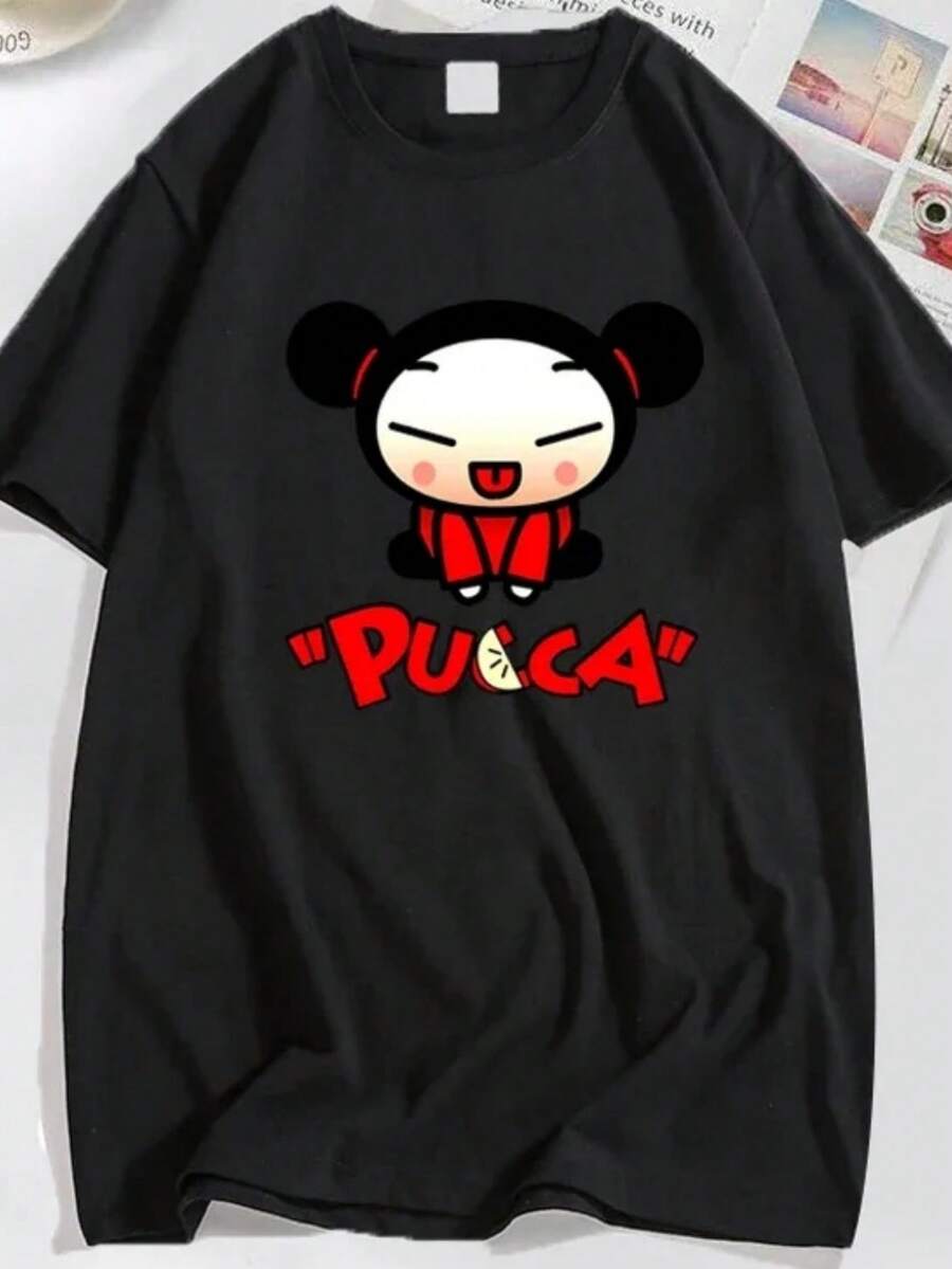 Women's Casual Black Short Sleeve T-Shirt With Pucca Print, Regular Fit And Knit Fabric For Everyday Wear - 黑色 - 查看 1