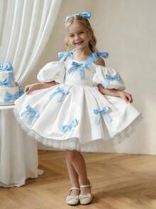 小女孩细肩带蝴蝶结泡泡袖公主裙，适合儿童生日派对、花童、婚礼、舞会、派对、节日庆典 - 白色 - 查看 3