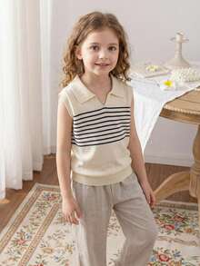 Girls' Elegant Striped Collar Sleeveless Knit Vest, V-Neck Pullover Sweater, Suitable For Casual Wear In Spring, Summer And Autumn - Apricot - View 1