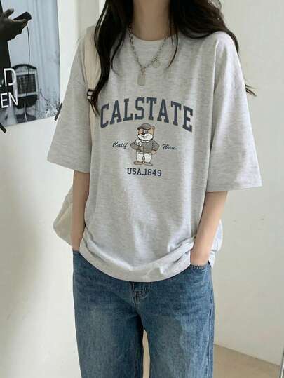 女士夏季休闲宽松字母卡通印花圆领短袖 T 恤，百搭设计