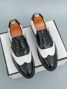黑色时尚皮鞋，韩版商务正装鞋，男士休闲皮鞋，系带舒适正装鞋，尖头德比鞋，软皮奢华派对鞋 - 黑與白 - 查看 4