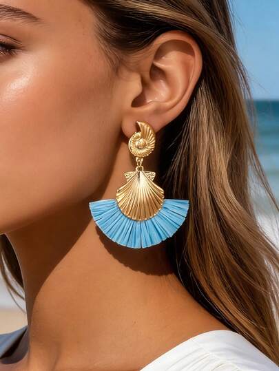 1 Pair Shell Tassel Earrings, Bohemian Style Golden Seashell & Blue Tassel Dangle Earrings, Suitable For Party, Date, Music Festival, Beach Vacation, Elegant And Refined For Women