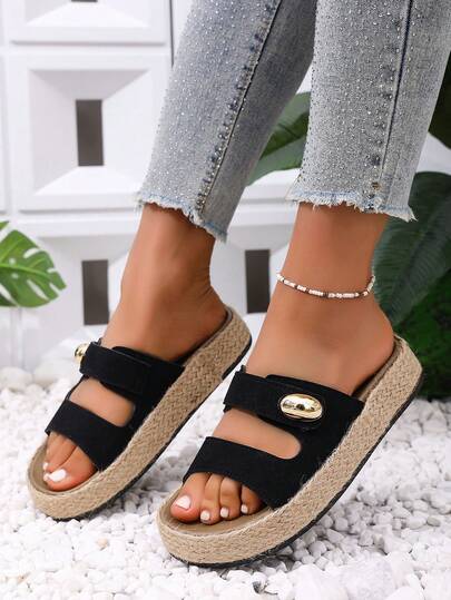 女士休闲时尚夏季亚麻绳底舒适厚底凉鞋