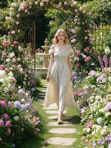 French Retro Botanical Graffiti Square Collar Tie Waist Dress, Women's Spring/Summer 2025 New Beach Vacation Style Elegant - Apricot - View 6