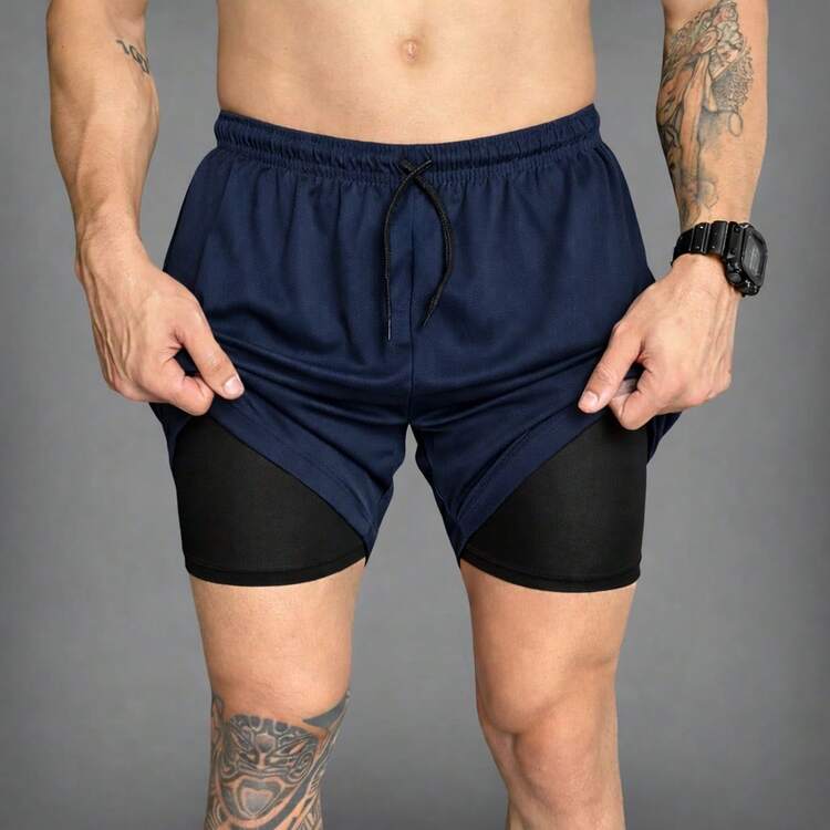 Kit Of 3 Short 2-In-1 Dry Fit Lined Men's Gym Shorts For Running And Training With Elastane - Đen/Trắng/Xanh hải quân - Xem 6
