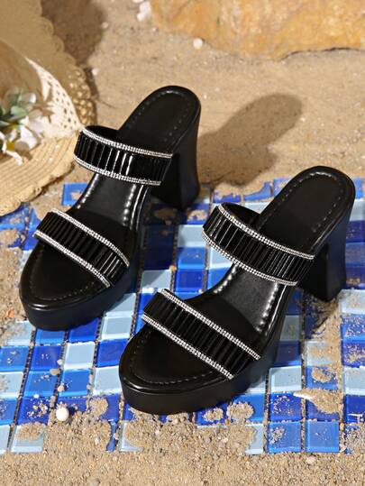 新款夏季水钻厚底凉鞋，性感厚底绑带高跟拖鞋，女士