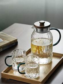 1pc Luxury Green Handle Glass Pitcher, Household Juice/Beverage/Flower Tea Pot, Large Capacity Thick Japanese Style Wooden Lid Hammered Cold Water Pitcher, No Cup Included - Clear - View 8